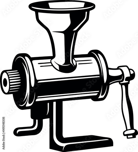 Monochrome Illustration of a Vintage Hand Crank Meat Grinder for Meat Processing  