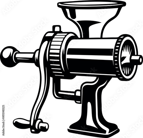 Vintage Hand Cranked Meat Grinder with a Base and Hopper Illustration vector silhouette Generative AI