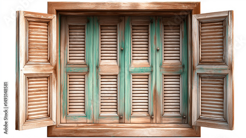 Old wooden window with turquoise louvered shutters open on white background