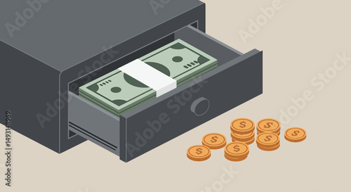 Pixelated Illustration Of Money Drawer With Cash And Coins