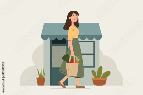 Woman carrying eco grocery bag with vegetables flat vector illustration for organic food shopping and sustainable lifestyle concept