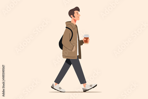 Man walking with coffee cup wearing casual outfit flat vector illustration for modern city lifestyle and daily routine concept