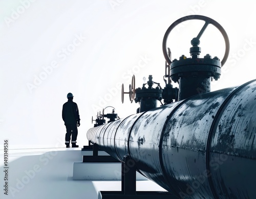 Industrial worker near pipeline in high contrast monochrome composition