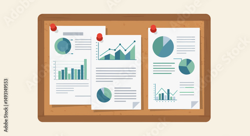 Corkboard Displaying Business Documents With Charts And Graphs