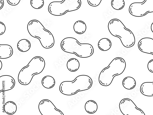 Hand-drawn black and white seamless pattern featuring peanuts in shell and round nuts. Minimalist doodle style perfect for textile prints, food packaging, background design, or organic snack branding.