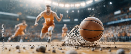 Dynamic basketball action in a stadium photo