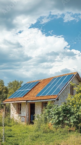 Wallpaper Mural Solar panels on stone house roof in rural setting under cloudy sky providing renewable energy from sun low angle Torontodigital.ca