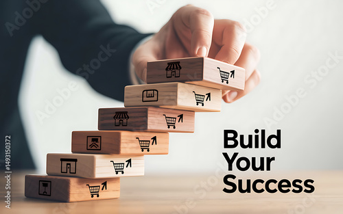 Building business success with a stacked progression of shop and growth icons on blocks photo