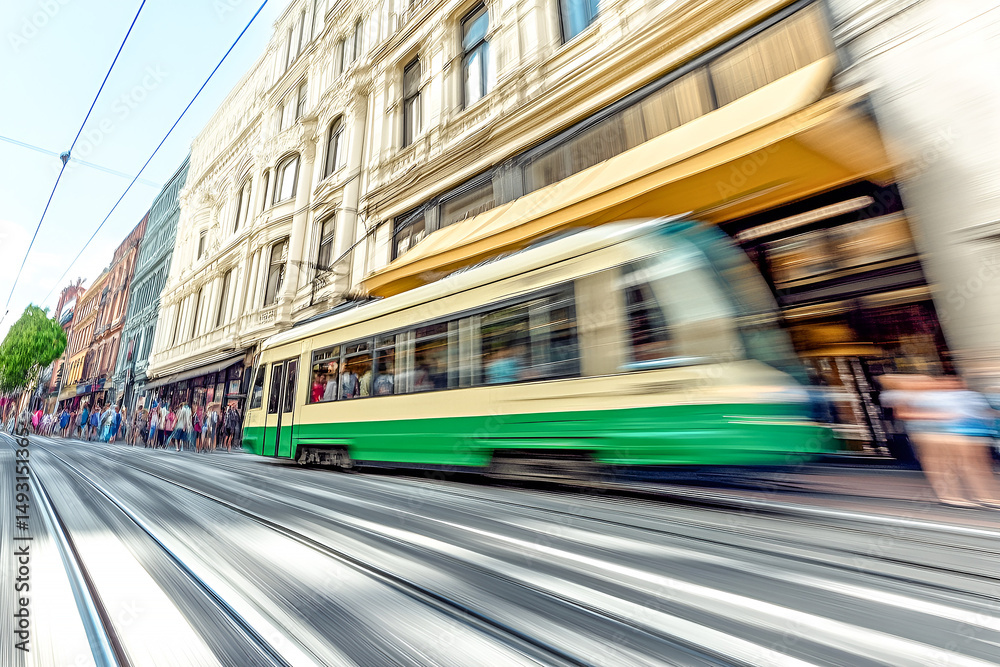 Naklejka premium Fast moving tram through city street urban transportation
