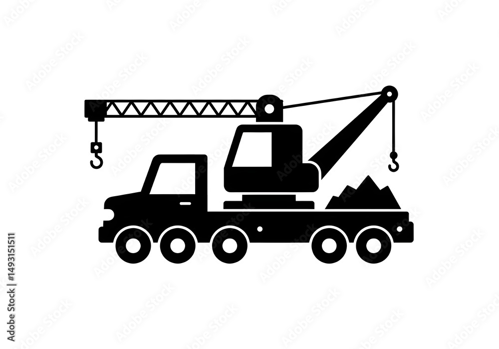Naklejka premium A black silhouette of a crane truck with a load of material on a white background design element