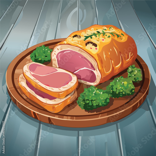 Perfectly cooked Beef Wellington sliced open, showing juicy medium-rare beef wrapped in golden puff pastry with mushroom duxelles, served on elegant plating with warm, natural lighting.