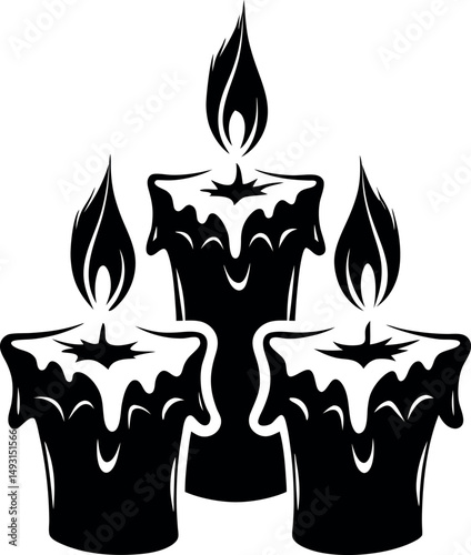 Three burning candles in monochrome illustration casting light in darkness vector silhouette Generative AI