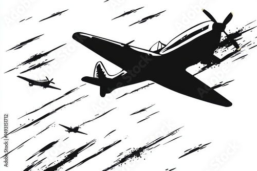 Vintage airplanes flying in formation monochrome graphic design warbirds in flight aviation history world war two aircraft retro style