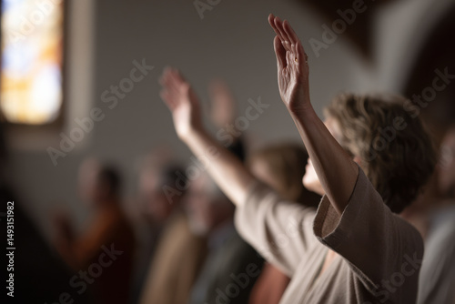 serene church interior filled with diverse people engaged in worship hands raised in prayer