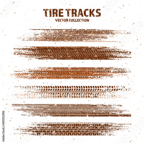 Grunge tire tracks with mud splatters, dirty wheel braking marks. Truck, car, or motorcycle tread pattern silhouettes. Perfect for off-road, motorsport, and racing designs. Vector illustration