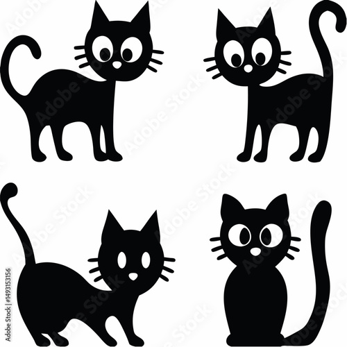 Cute animal set of cat, black cat, and cat silhouette vector illustrations