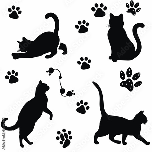 A vector set features cute black cat silhouettes and illustrations of these feline pets
