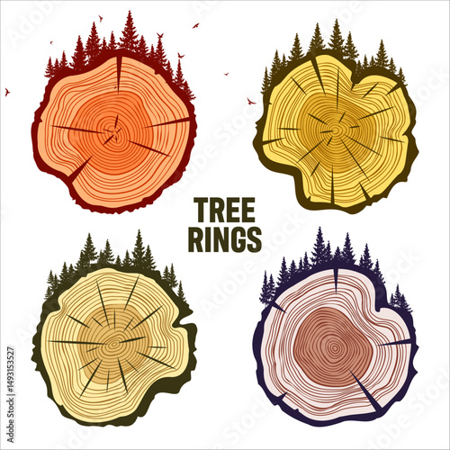 Round tree trunk cuts with trees, forest and birds. Sawn pine or oak slices, lumber. Saw cut timber, wood. Brown wooden texture with tree rings. Hand drawn sketch. Vector illustration