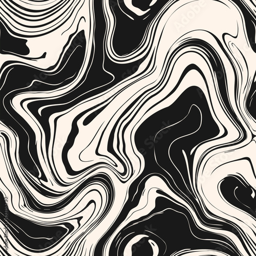 Vector seamless pattern with fluid organic shapes, liquid lines. All-over black and white abstract ink stain texture, marble surface. Funky groovy geo background with waves, acrylic paint, watercolor