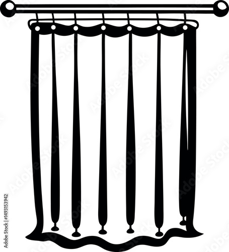 Black and white illustration of hanging curtains with a decorative rod vector silhouette Generative AI