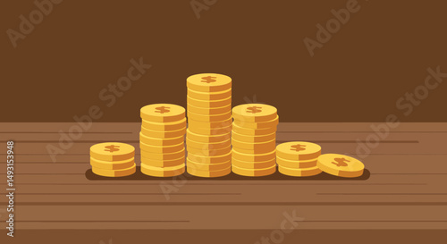 Stacked Gold Coins On Wooden Table Pixel Art Illustration