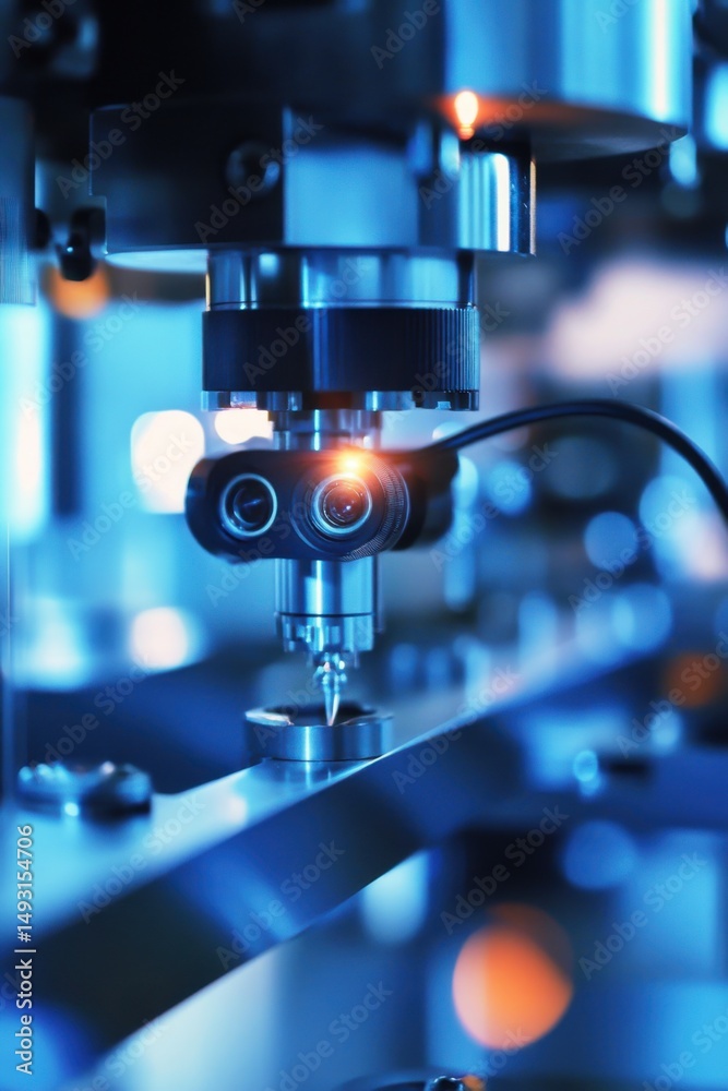 Close up of precision testing machine performing analysis in blue light laboratory environment modern technology Close up of precision testing machine performing analysis in blue light laboratory environment modern technology