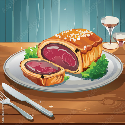 Perfectly cooked Beef Wellington sliced open, showing juicy medium-rare beef wrapped in golden puff pastry with mushroom duxelles, served on elegant plating with warm, natural lighting.