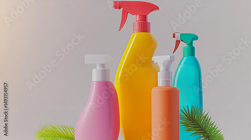 Cleaning liquids bottles, detergents and sprays. Background mock with copy space