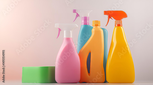 Cleaning liquids bottles, detergents and sprays. Background mock with copy space