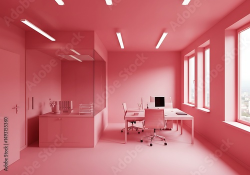 Pink monochromatic office interior