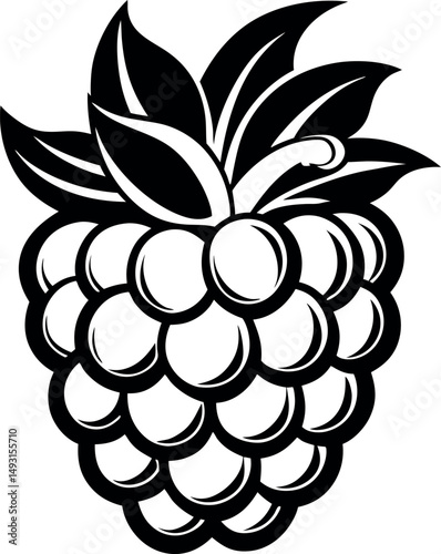 Stylized black and white raspberry vector illustration with leaves at the top vector silhouette Generative AI