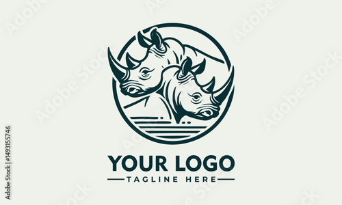 Photography Rhinoceros wildlife emblem, detailed nature illustration of two rhinos in a circ
