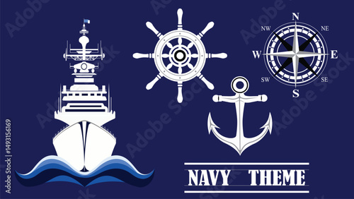 A collection of white nautical icons on a dark blue background, featuring a ship on stylized waves, a ship's wheel, an anchor, and a compass rose, with the text "NAVY THEME" at the bottom.