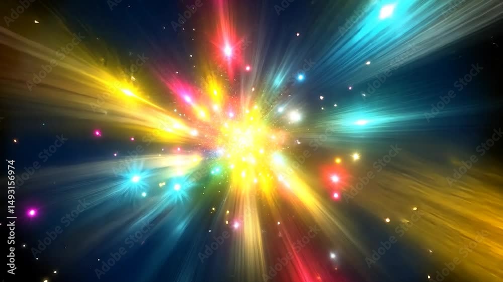 Colorful explosion of radiating light and stars.