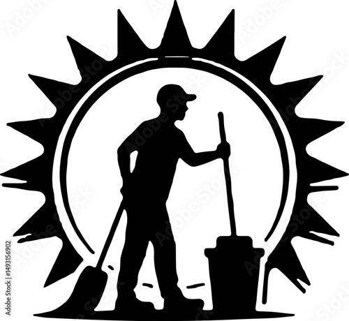 Cleaning Worker Emblem with Sunburst Design"