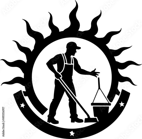 Cleaning Worker Emblem with Sunburst Design"