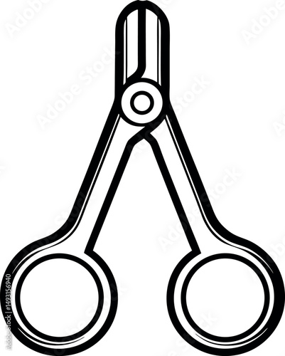 Graphic illustration of nail clippers with rounded handles in black and white vector silhouette  
