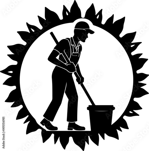 Cleaning Worker Emblem with Sunburst Design"