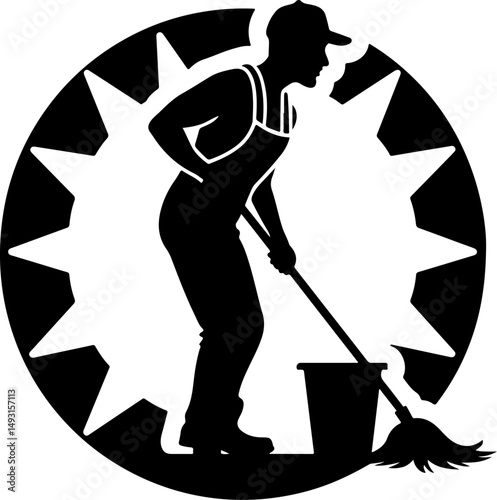Cleaning Worker Emblem with Sunburst Design"