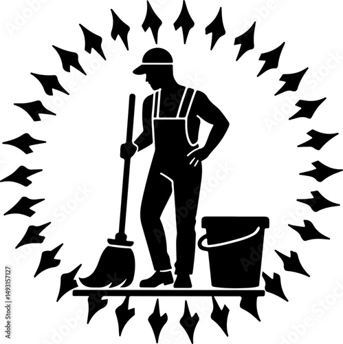 Cleaning Worker Emblem with Sunburst Design"