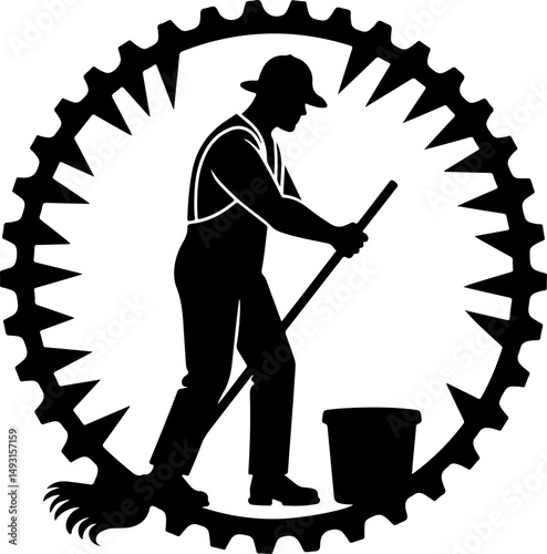 Cleaning Worker Emblem with Sunburst Design"