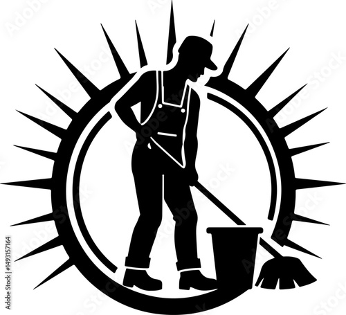 Cleaning Worker Emblem with Sunburst Design"