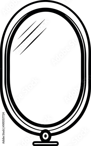 Stylized black and white oval mirror with stand and reflective surface vector silhouette 
