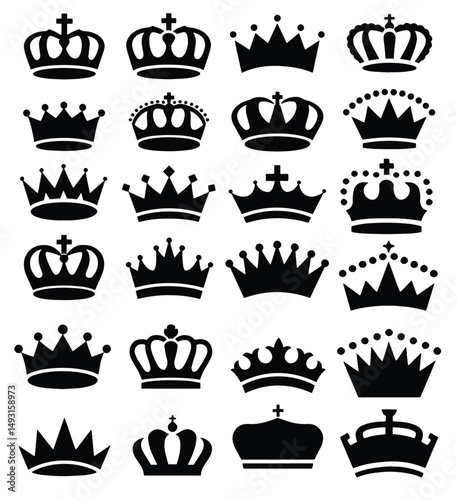 Diverse set of black crown silhouettes displayed against a plain white backdrop.  The design highlights various crown styles, from simple to more elaborate.