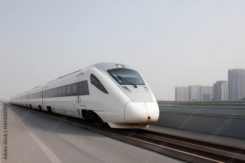 Naklejka premium sleek highspeed train gliding over modern bridge surrounded by clear blue sky