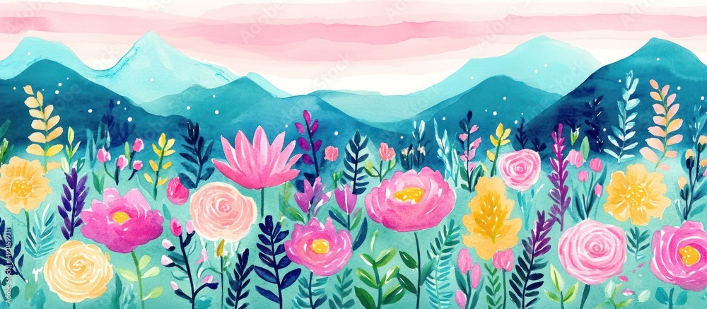 Fototapeta premium Watercolor spring meadow with blooming wildflowers and distant mountain scenery