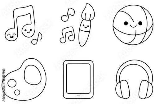 Creative activities and fun items like music notes, paintbrush, basketball, art palette, tablet, and headphones bring joy back
