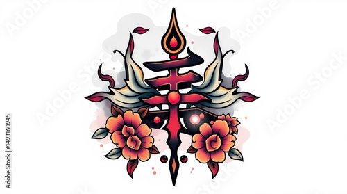 Traditional tattoo design featuring a sword, flowers, and mystical elements