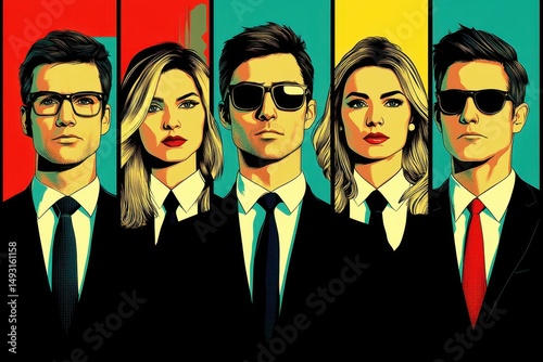 Stylish Group of Five Young Professionals in Formal Attire with Colorful Background in a Modern Art Style Representation
