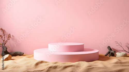 Minimalist Desert Scene with Pink Podiums and Natural Elements